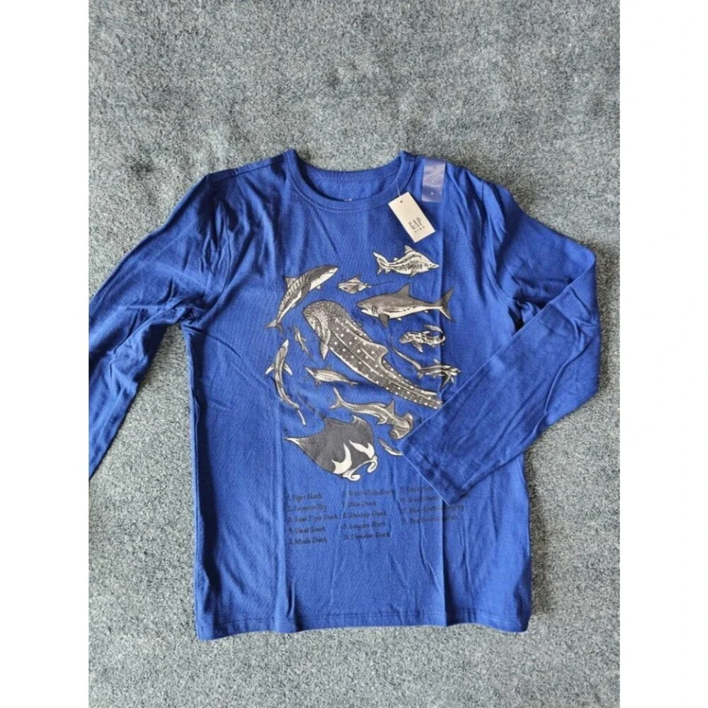 NWT GAP Kids Blue Shark Graphic Long Sleeve T-Shirt Size L